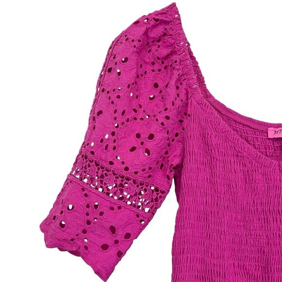 Betsey Johnson Pink Eyelet Sleeve Smocked Mini Dress M - Picture 5 of 9